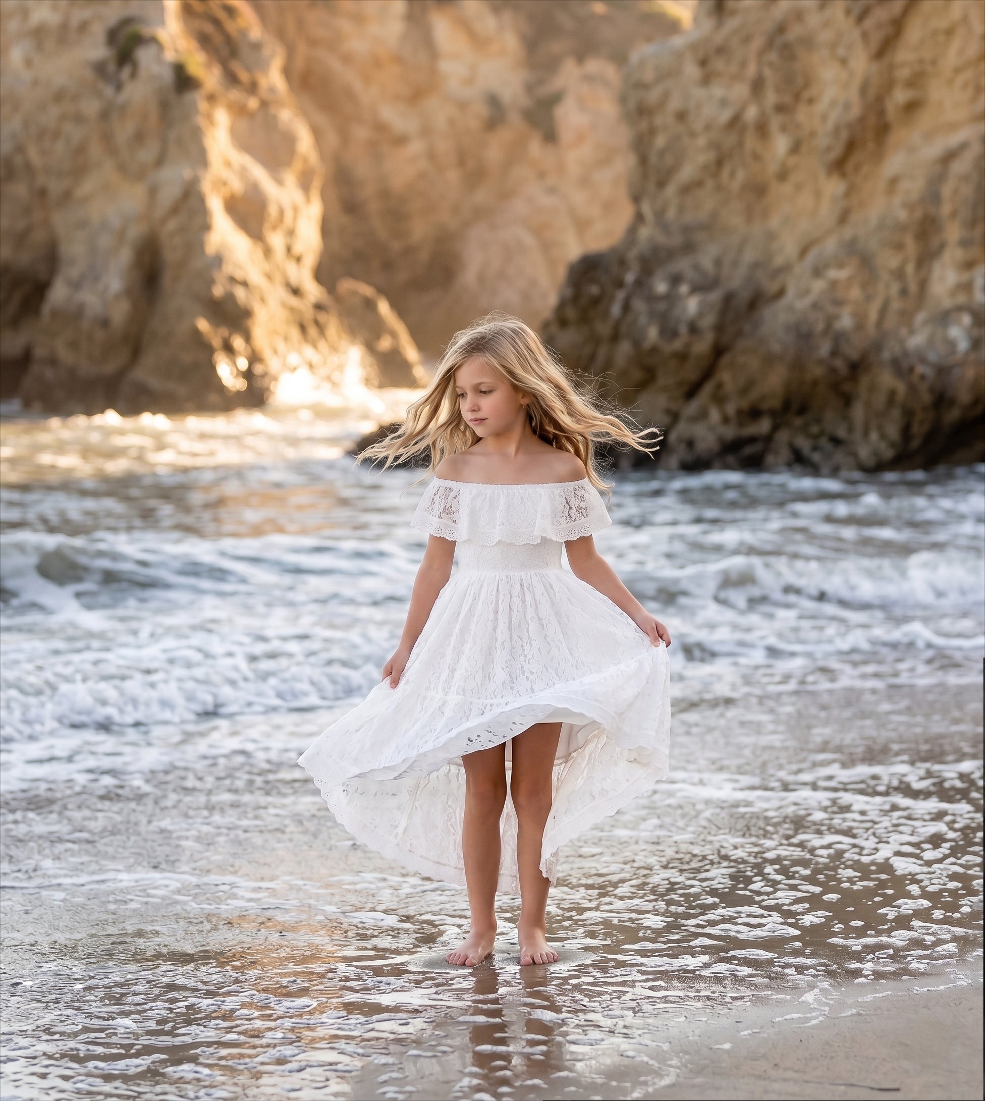 2Bunnies Girls' 12M-12Y All-Over Paisley Lace Off-Shoulder Flower Girl Dress 3T / White