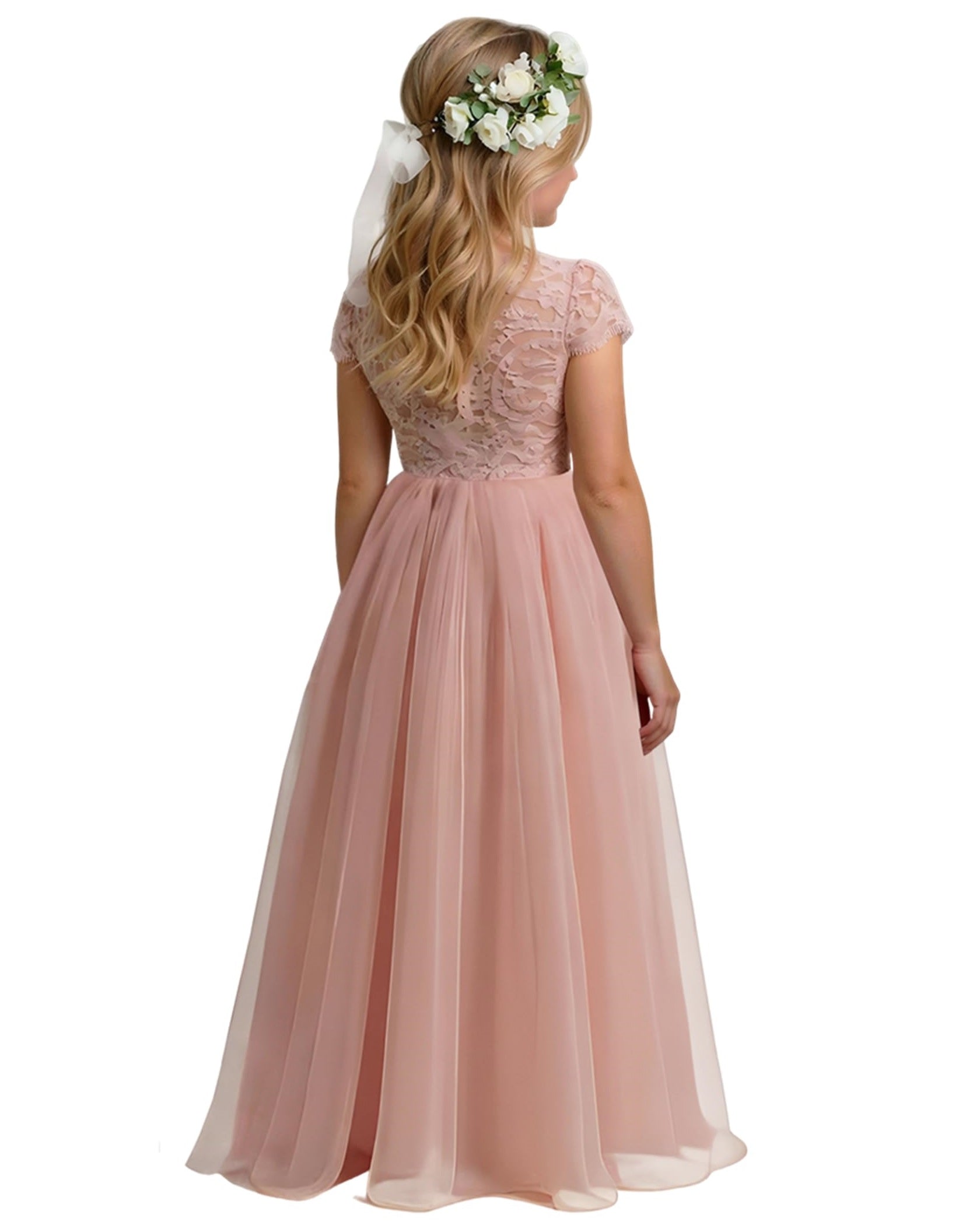 Girls' Paisley Lace Tulle Short Sleeve Maxi Dress in Dusty Pink