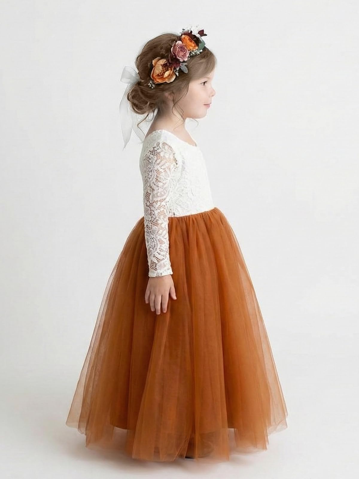 Peony Lace Flower Girl Dress in Burgundy Sleeve Maxi 3T / Orange