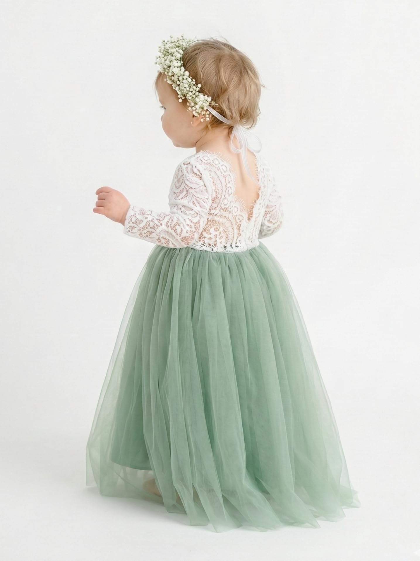 lace flower girl dresses Peony Lace Flower Girl Dress in Sage Sleeve Maxi 2T / Gray
