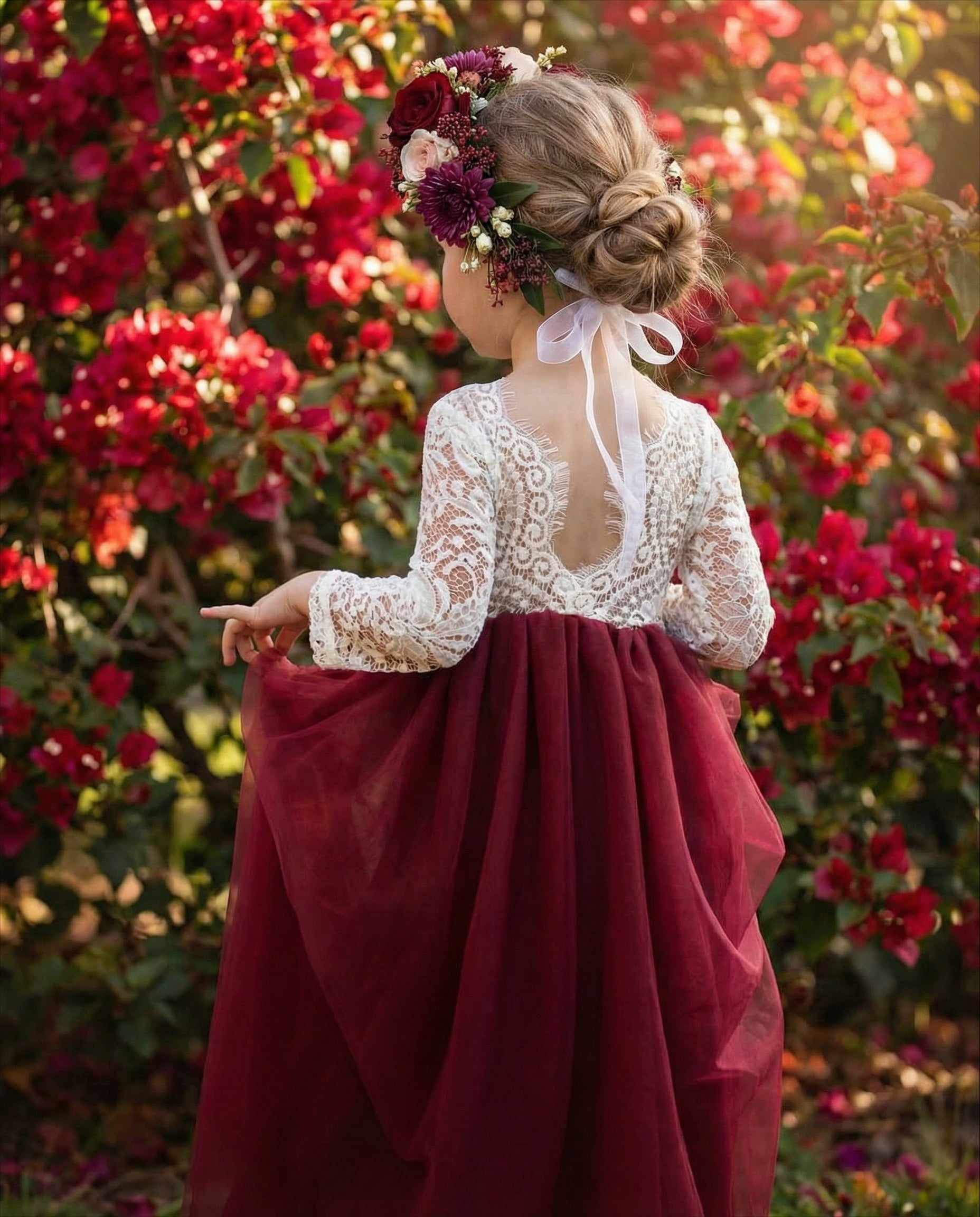 Peony Lace Flower Girl Dress in Burgundy Sleeve Maxi 3T / Orange Peony Lace Flower Girl Dress in Burgundy Sleeve Maxi 3T / Orange