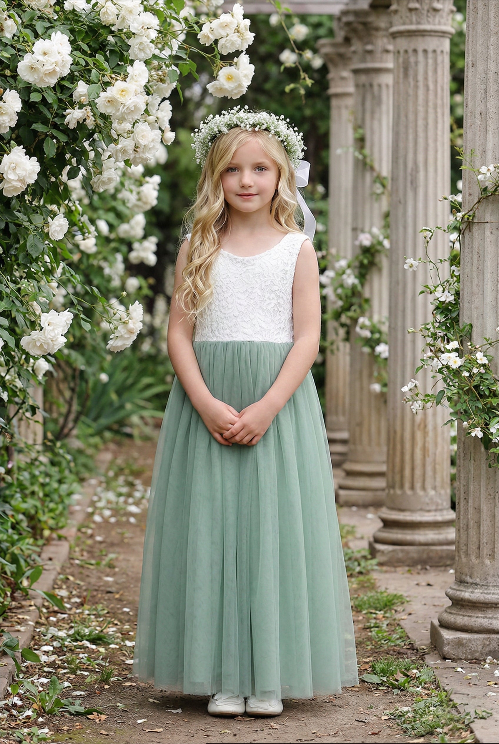 Peony Lace Flower Girl Dress in Sage Sleeveless Maxi 7-8 years / Bluish Gray Peony Lace Flower Girl Dress in Sage Sleeveless Maxi 7-8 years / Bluish Gray