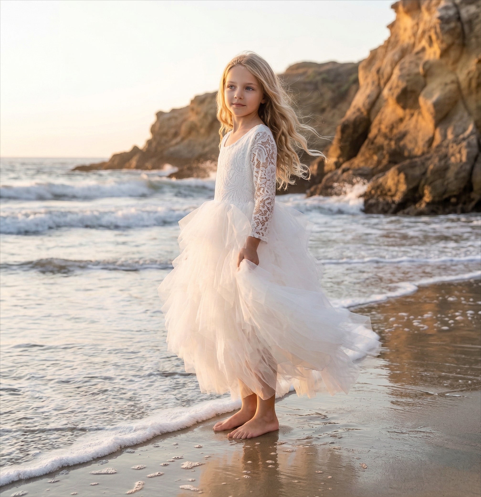 2Bunnies Girls' 12M-10yr Peony Lace Tiered Sleeve Maxi Flower Girl Dress White 6
