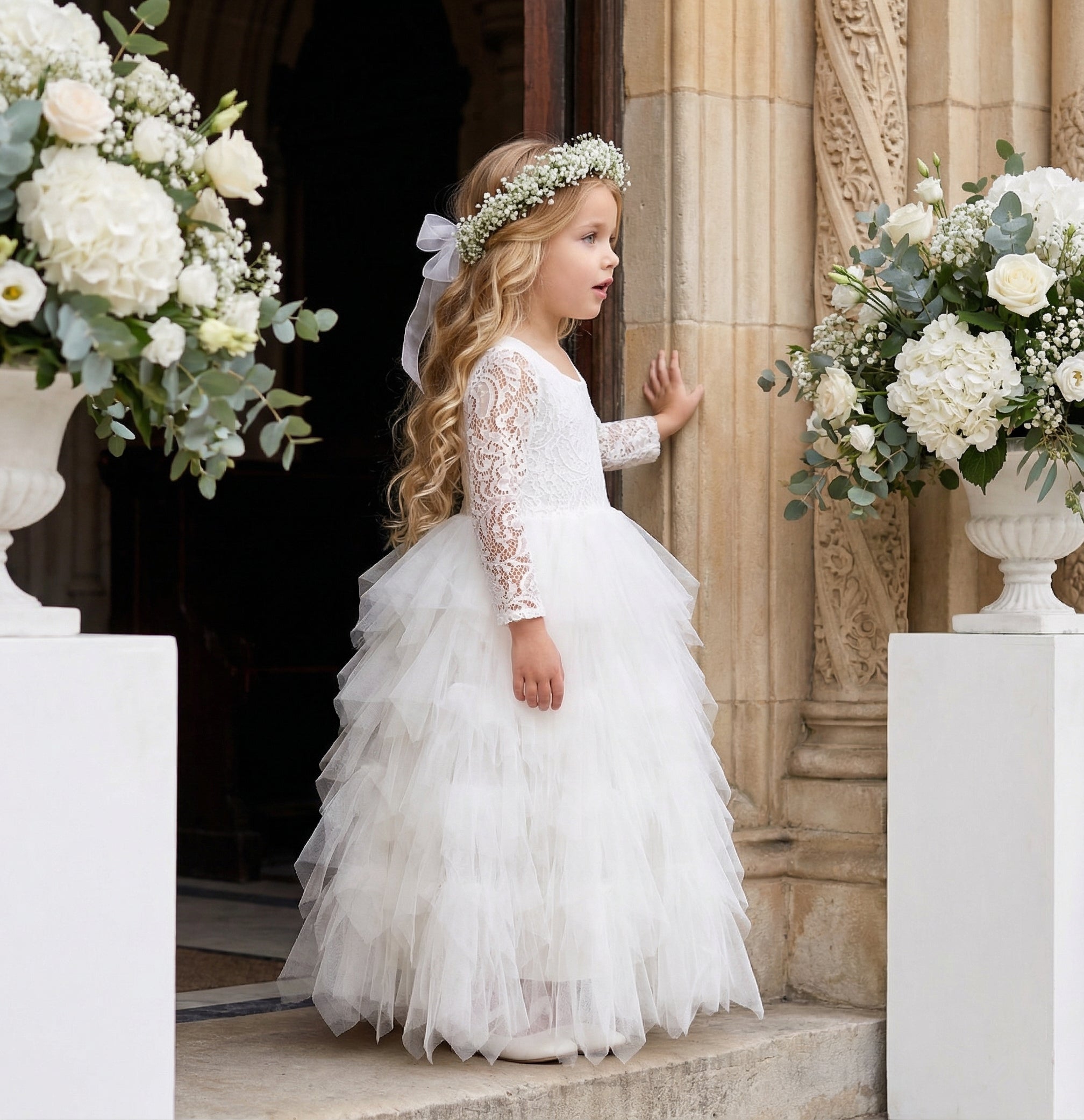 2Bunnies Girls' 12M-10yr Peony Lace Tiered Sleeve Maxi Flower Girl Dress White 6 2Bunnies Girls' 12M-10yr Peony Lace Tiered Sleeve Maxi Flower Girl Dress White 6
