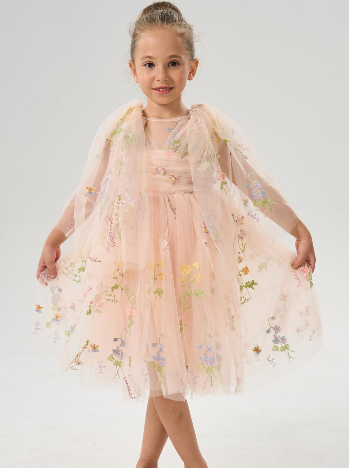 2Bunnies Floral Embroidered Tulle Flower Girl Dress Pink Flutter Sleeve