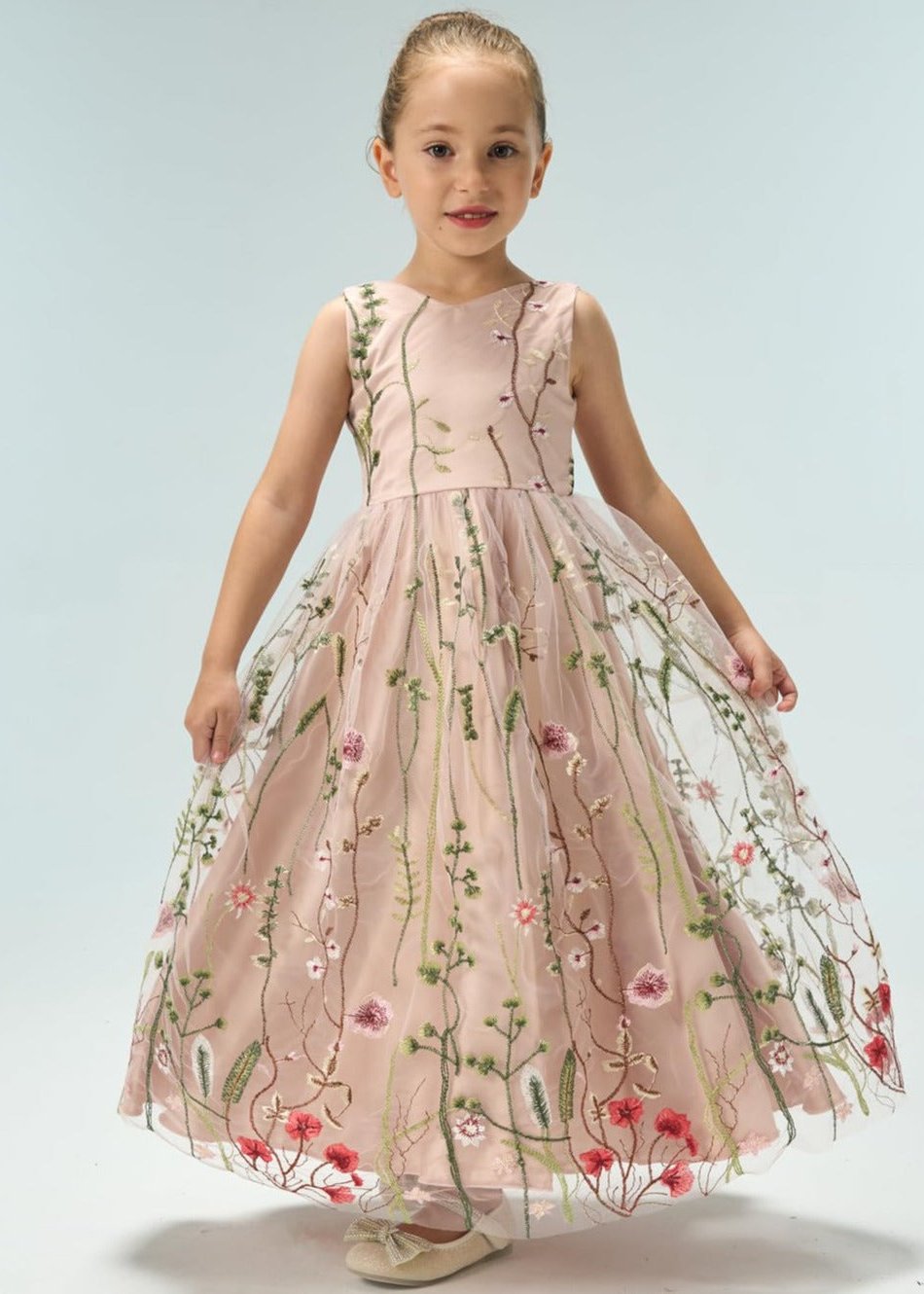 Garden Embroidered Tulle Satin Girl Dress in Pink