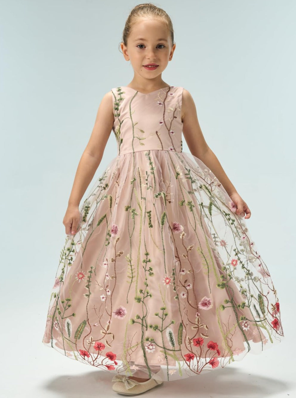 Garden Embroidered Tulle Girl Dress in Pink