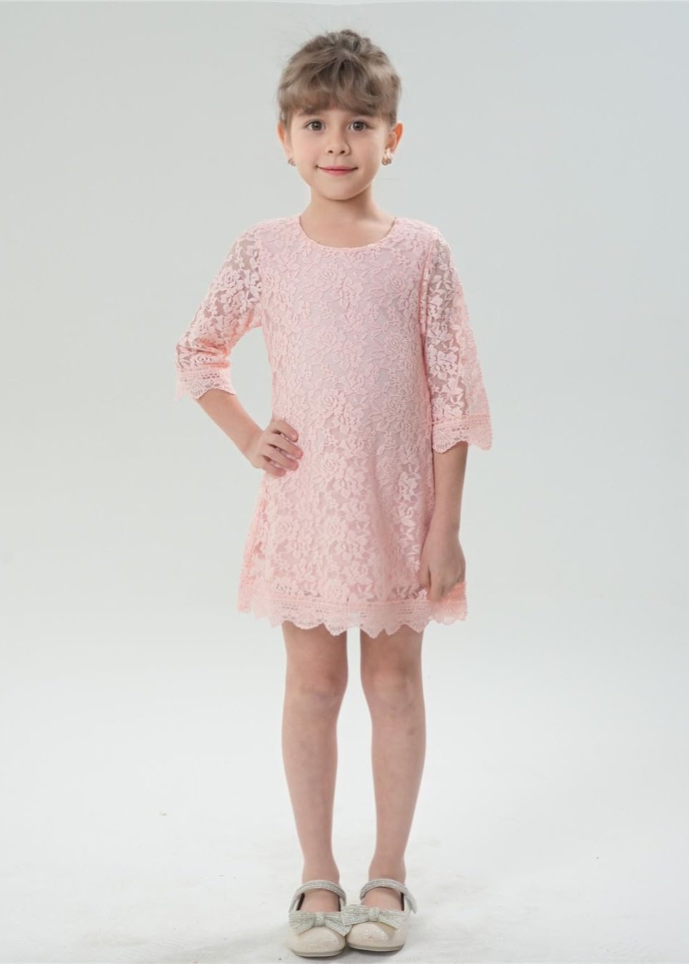 Girls' Boho Floral Lace Scalloped Hem Dress in Pink