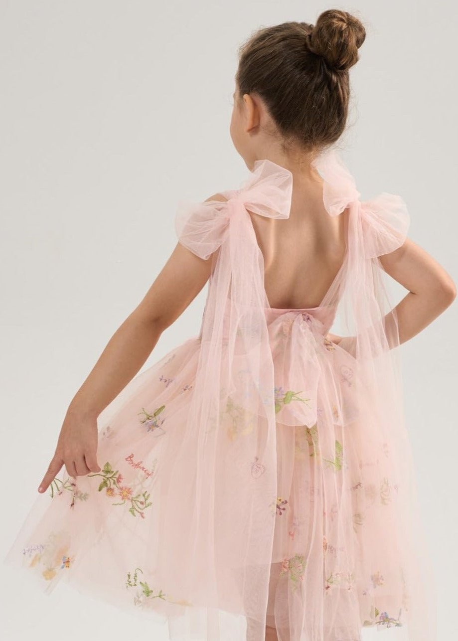 Floral Embroidered Tulle Strap Girl Dress in Pink Knee