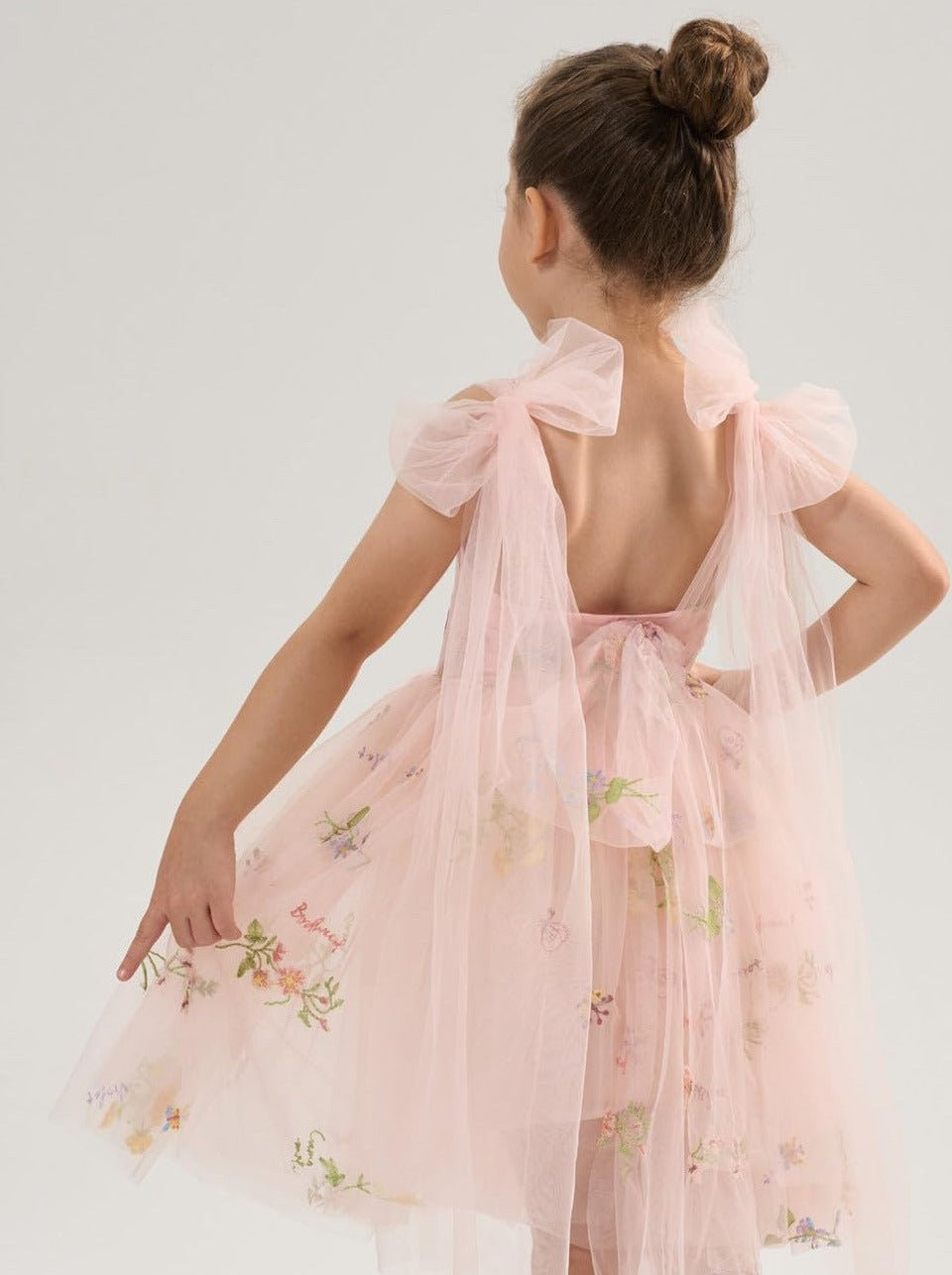 Floral Embroidered Tulle Girl Dress in Pink Knee