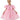 Young girl wearing a pink dress with puff sleeves on a white background
