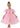 Young girl wearing a pink dress with puff sleeves on a white background