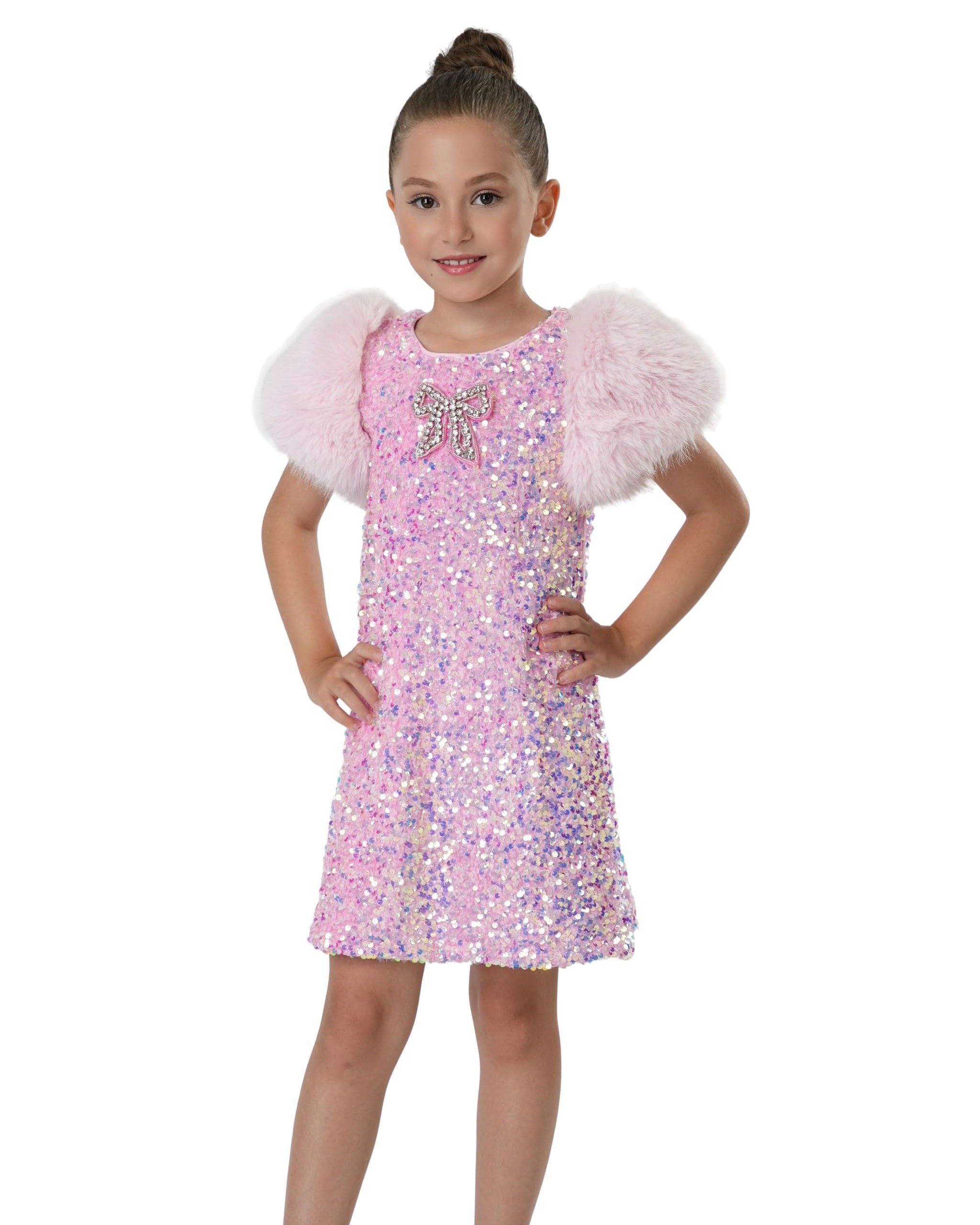 2Bunnies Girls' Christmas New Year Holiday Party Sequin Dress Fur Puff Sleeve