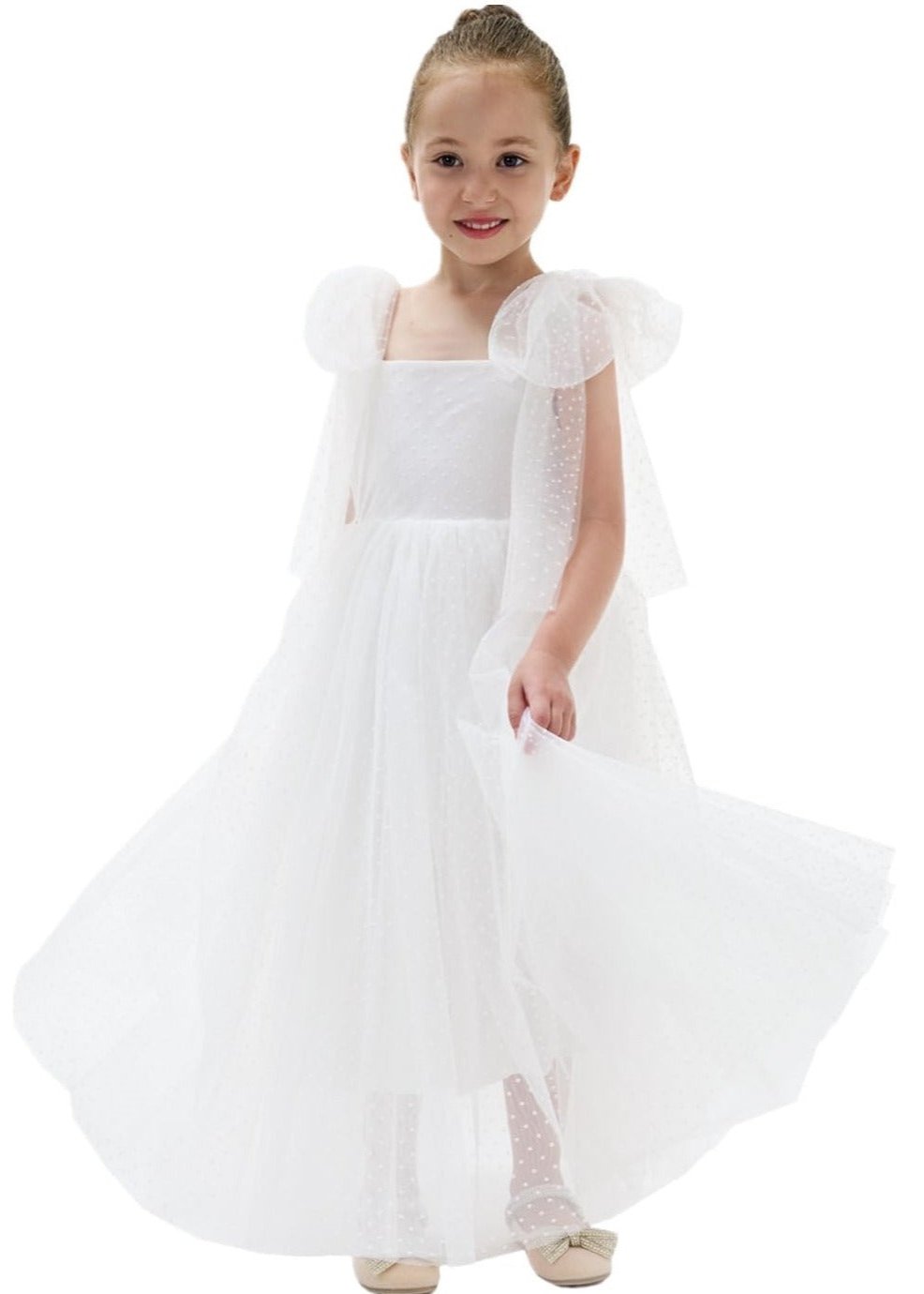 Lily Adjustable Strap Girl Dress in Polka Dot White