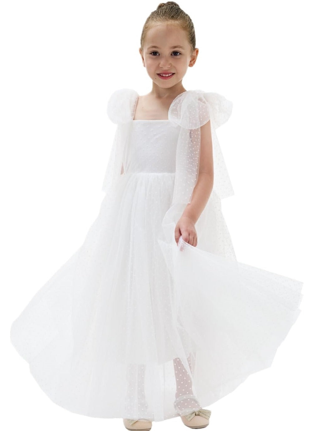 Lily Adjustable Strap Girl Dress in Polka Dot White
