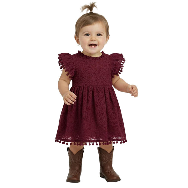 2Bunnies Baby Girls' 3M-2T Lace Pom Pom Trim Girl Dress Burgundy 3 months