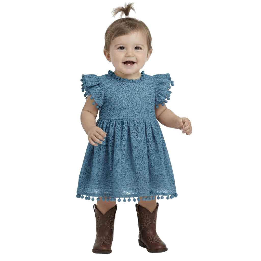2Bunnies Baby Girls' 3M-2T Lace Pom Pom Trim Girl Dress 2T / Smoky Blue