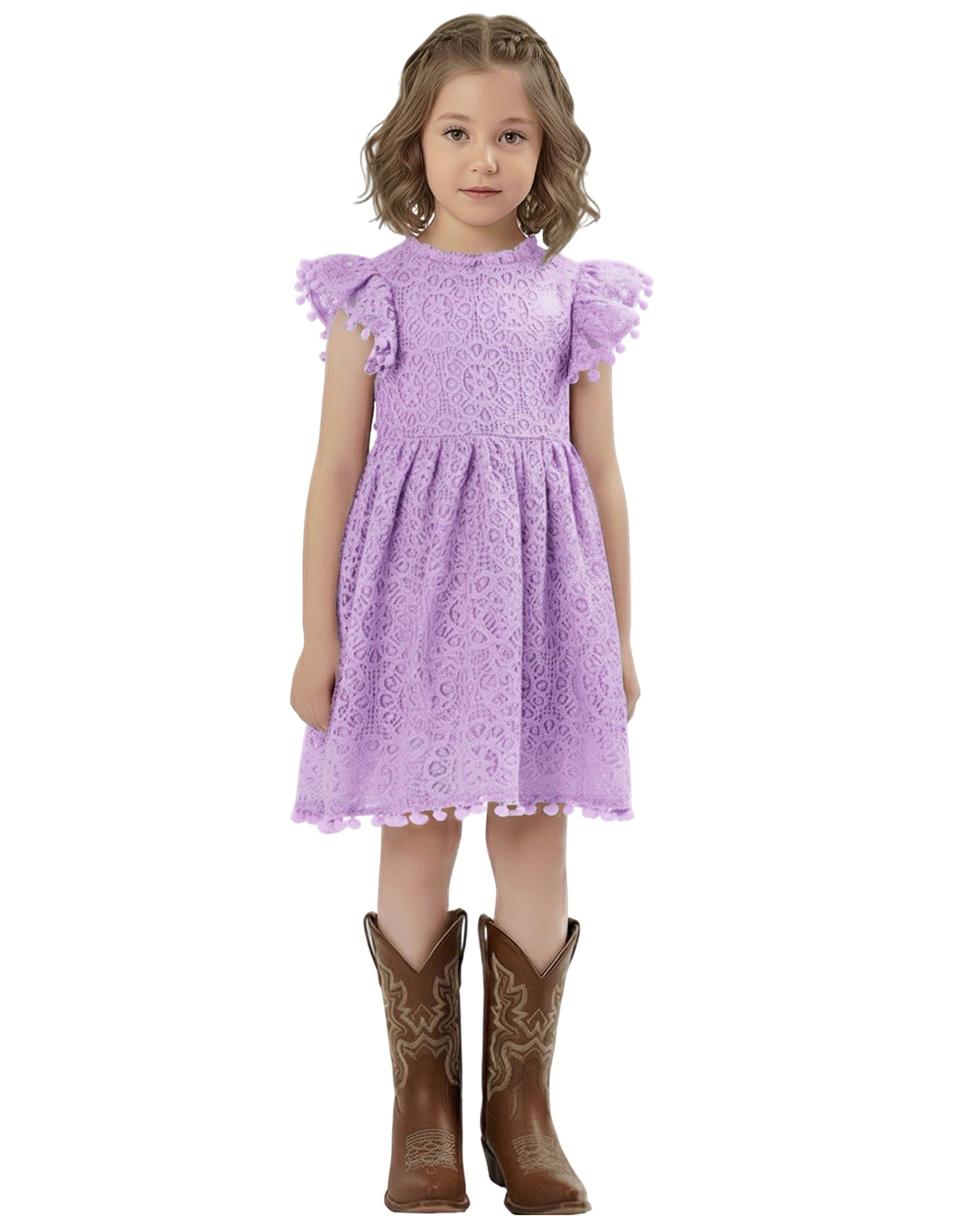 Sunflower Lace Pom Pom Trim Girl Dress in Purple