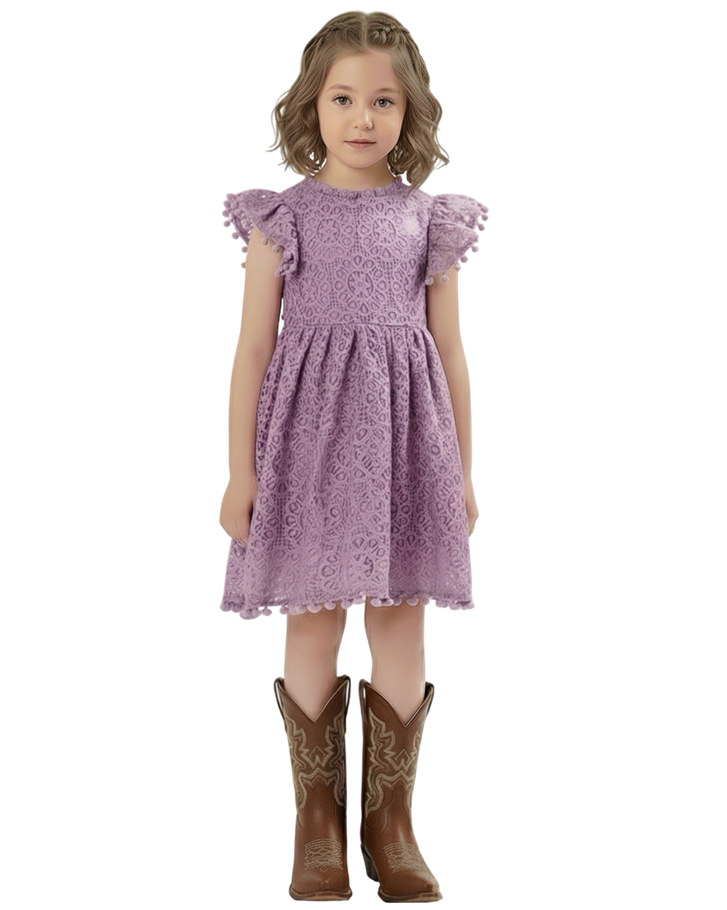 Sunflower Lace Pom Pom Trim Girl Dress in Mauve