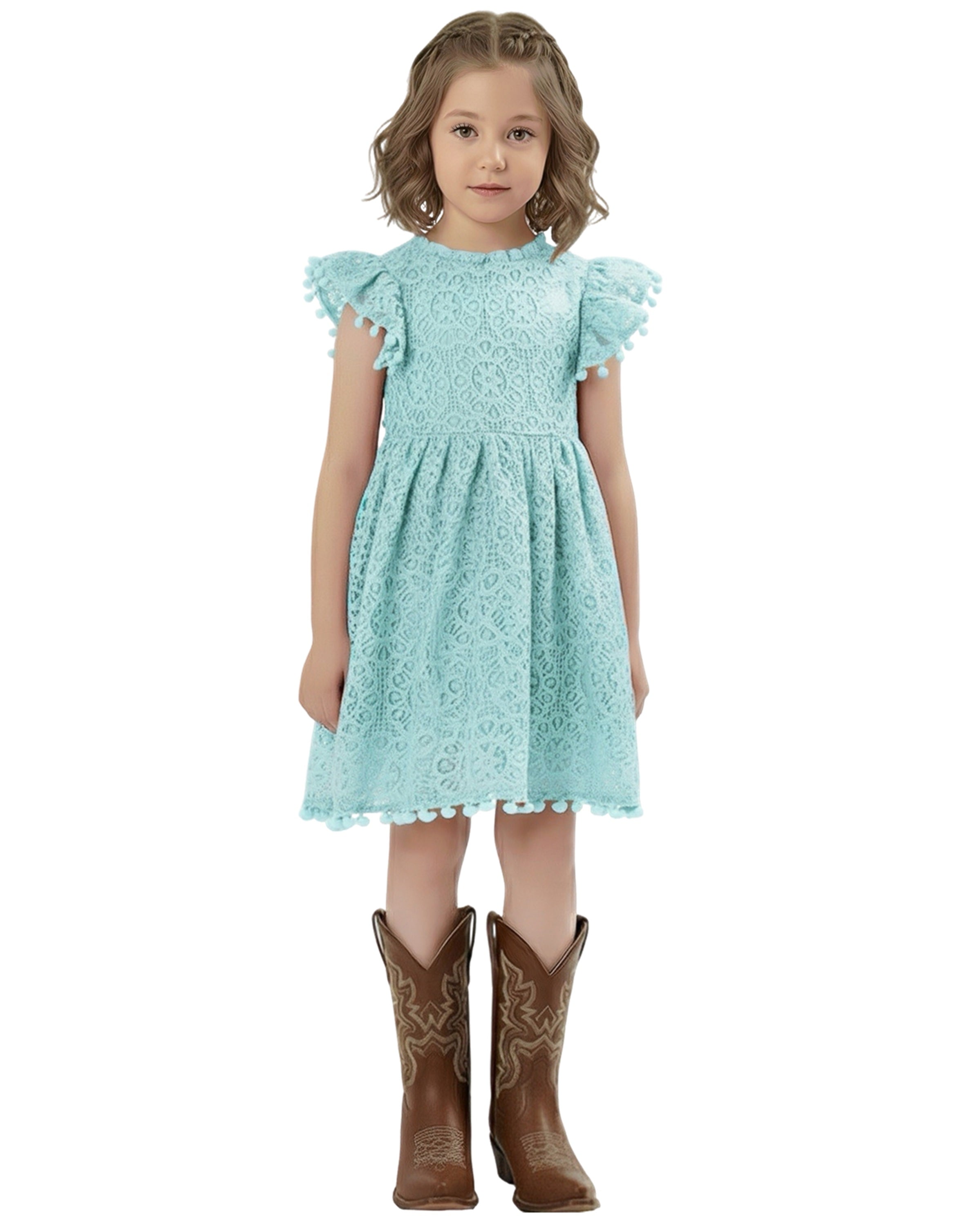 Sunflower Lace Pom Pom Trim Girl Dress in Mint