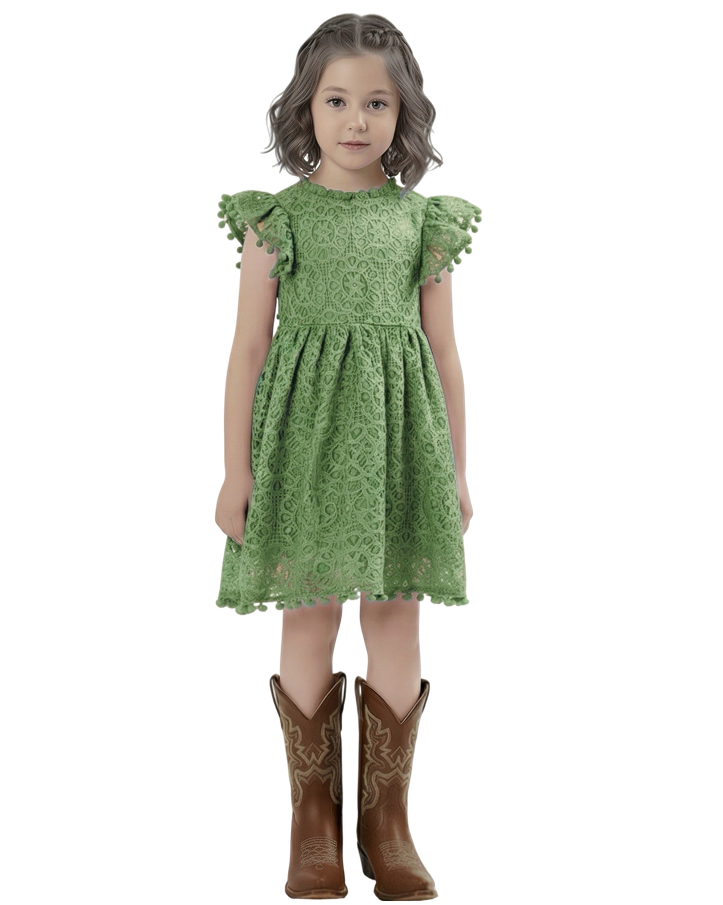 Sunflower Lace Pom Pom Trim Girl Dress in Sage