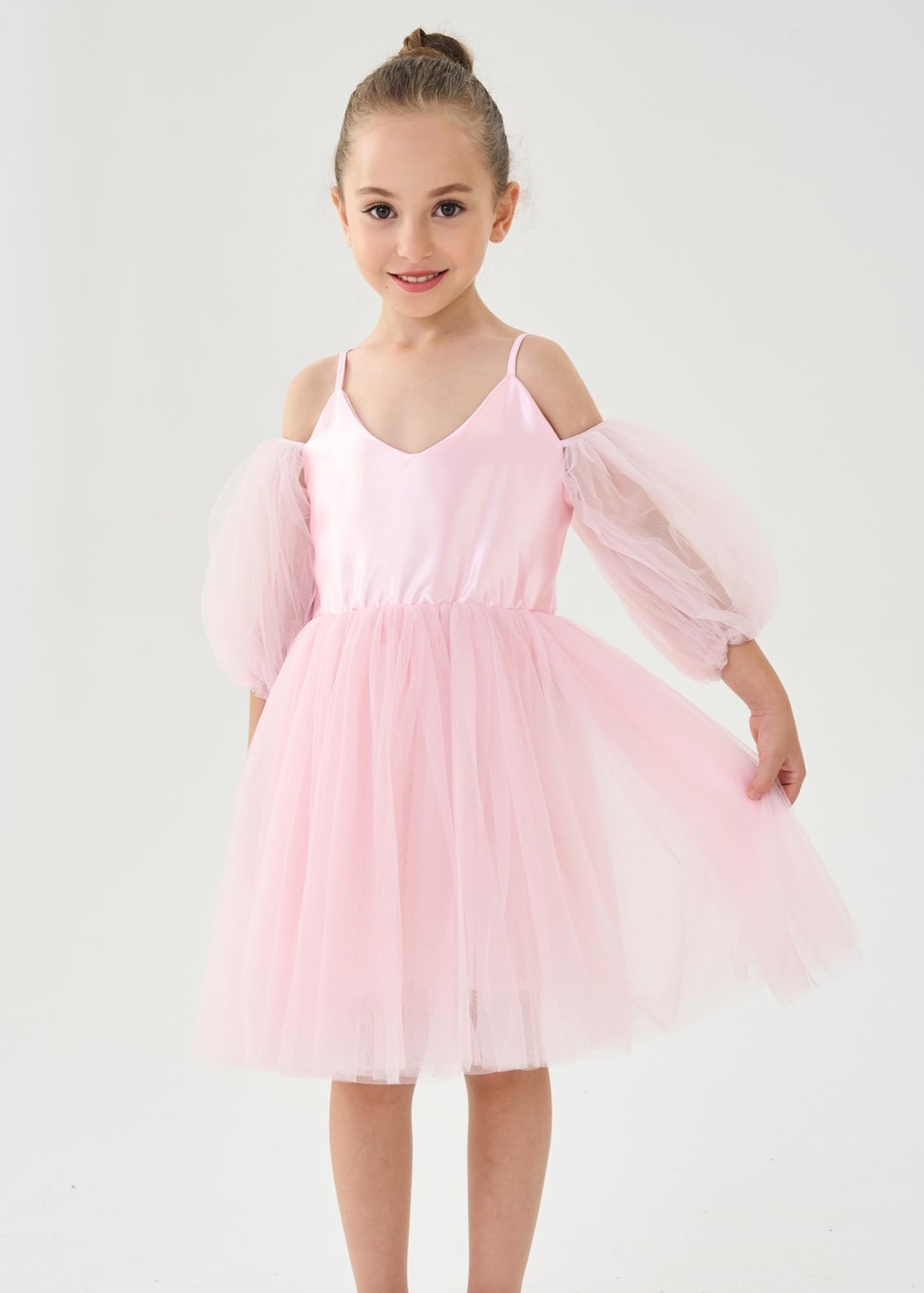Puff Sheer Sleeve Tulle Girl Dress in Pink