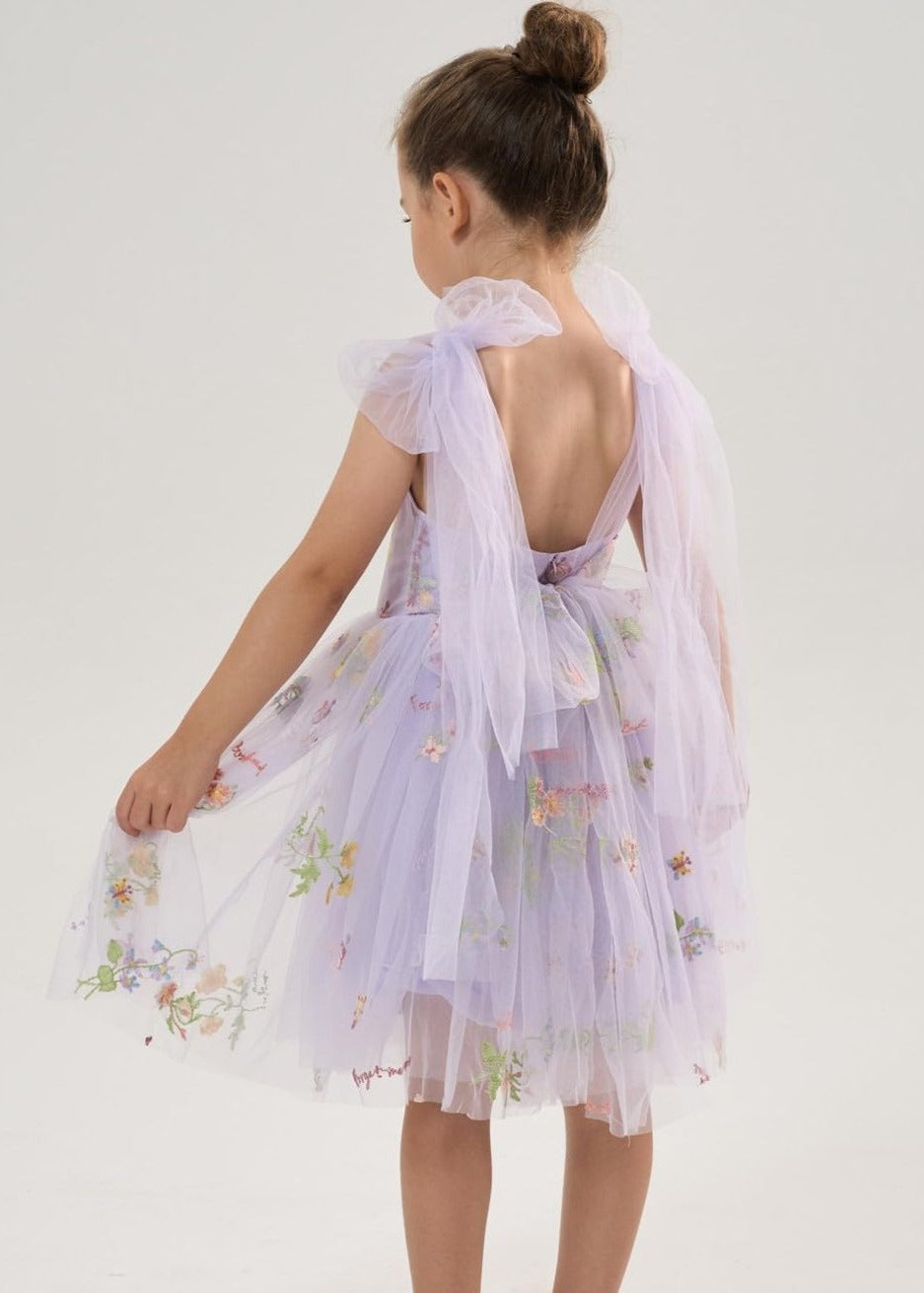 Floral Embroidered Tulle Strap Girl Dress in Purple Knee