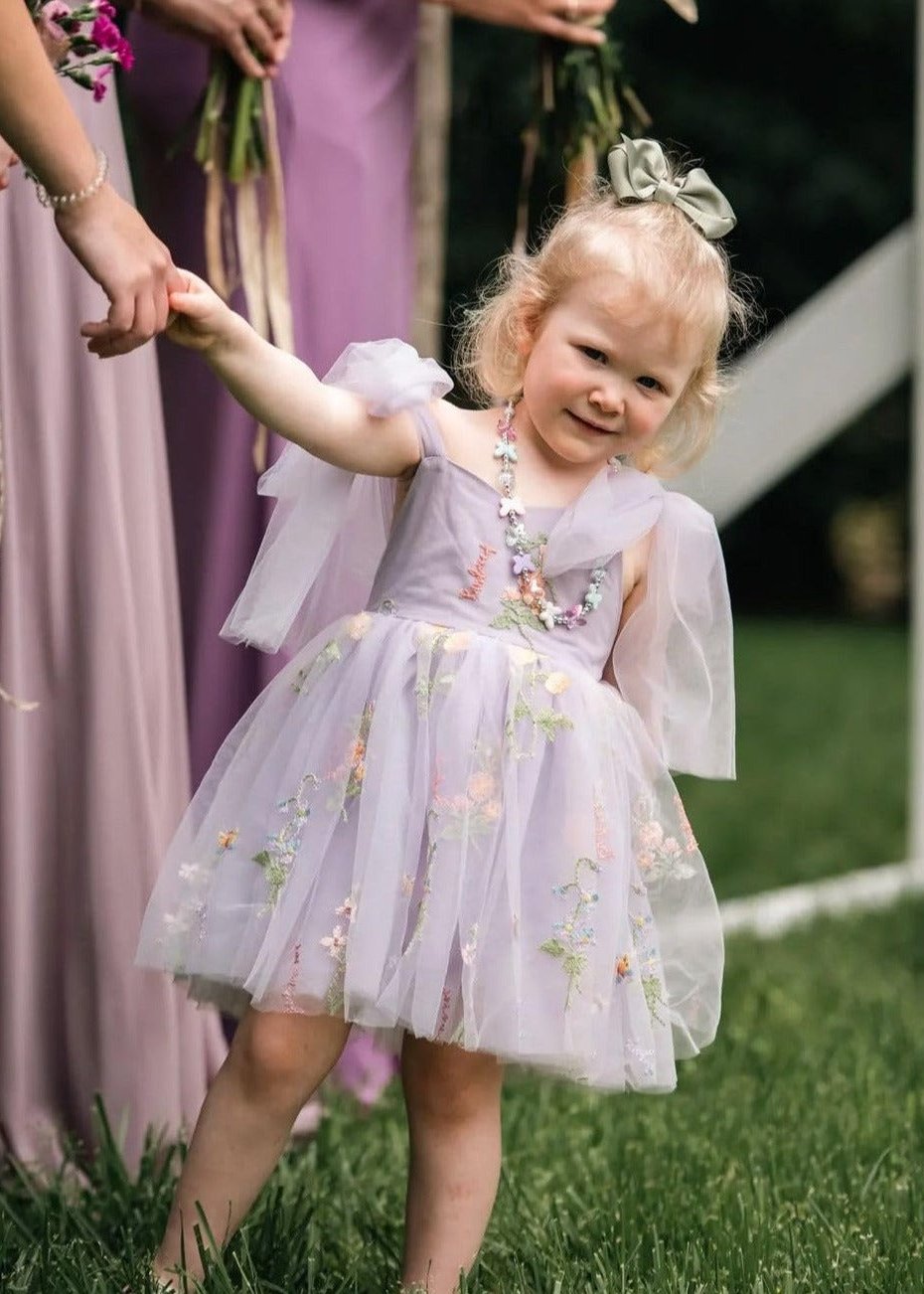 Floral Embroidered Tulle Girl Dress in Purple Knee