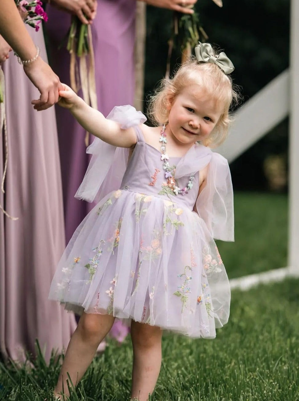 Floral Embroidered Tulle Girl Dress in Purple Knee
