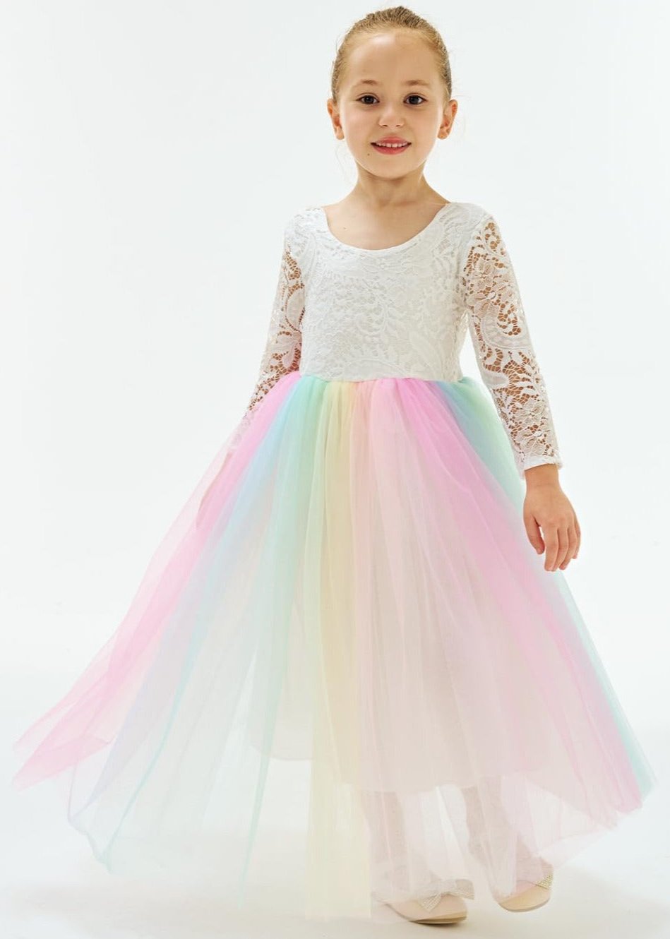 Peony Lace Flower Girl Dress in Rainbow Unicorn Sleeve Maxi 12 months / Rainbow Peony Lace Flower Girl Dress in Rainbow Unicorn Sleeve Maxi 12 months / Rainbow
