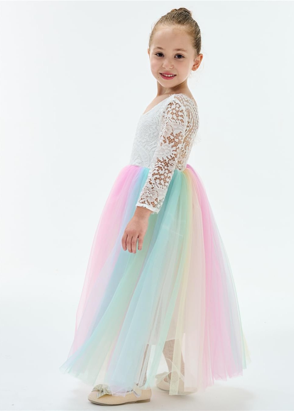 rainbow tulle dress Peony Lace Flower Girl Dress in Rainbow Unicorn Sleeve Maxi 12 months / Rainbow