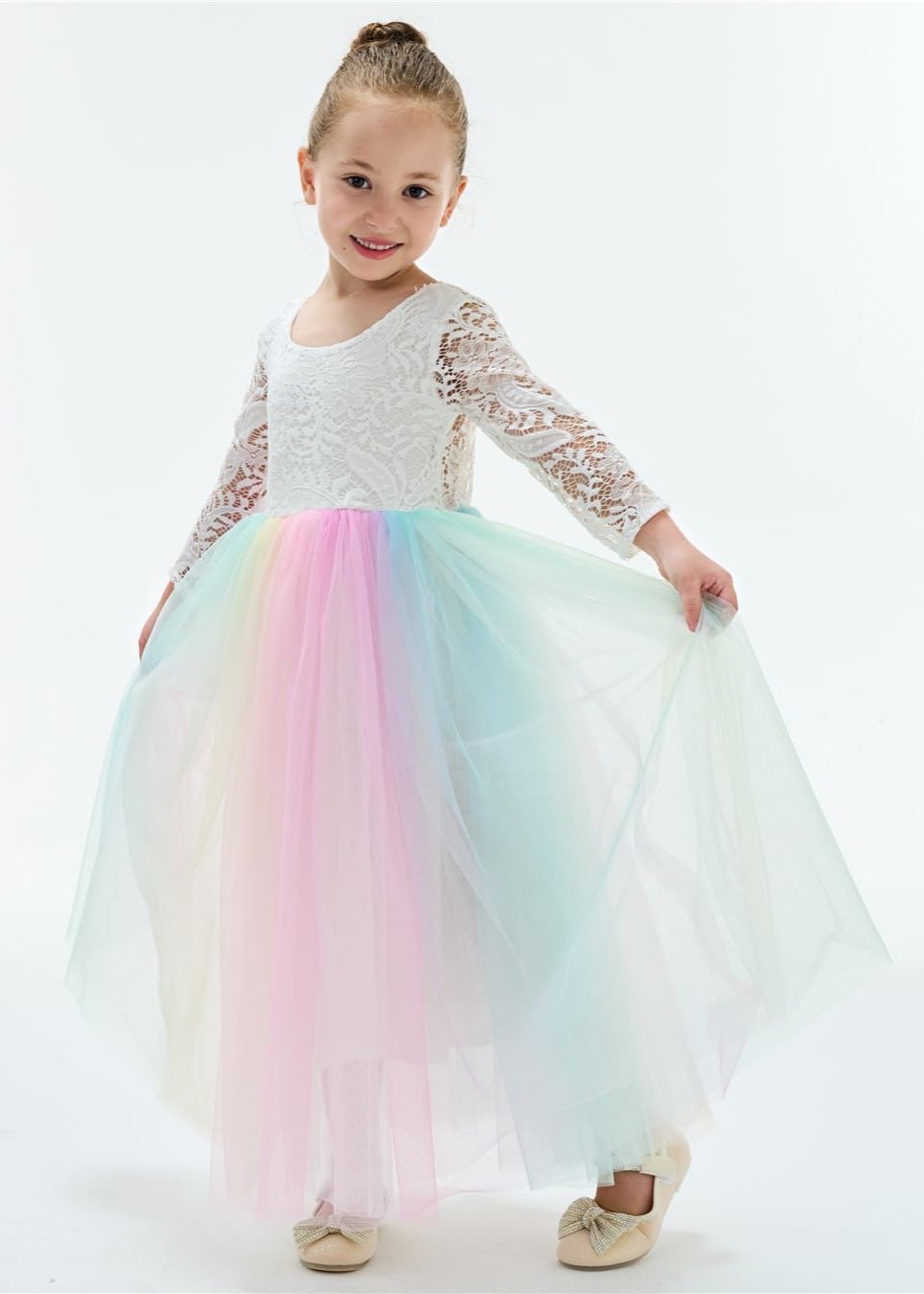 Peony Lace Flower Girl Dress in Rainbow Unicorn Sleeve Maxi 12 months / Rainbow Peony Lace Flower Girl Dress in Rainbow Unicorn Sleeve Maxi 12 months / Rainbow