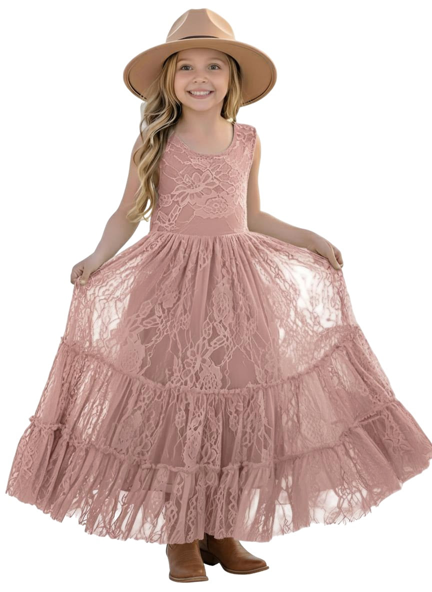 2Bunnies Rose Lace All-Over Lace Zip Back Boho Garden Rustic Flower Girl Dress