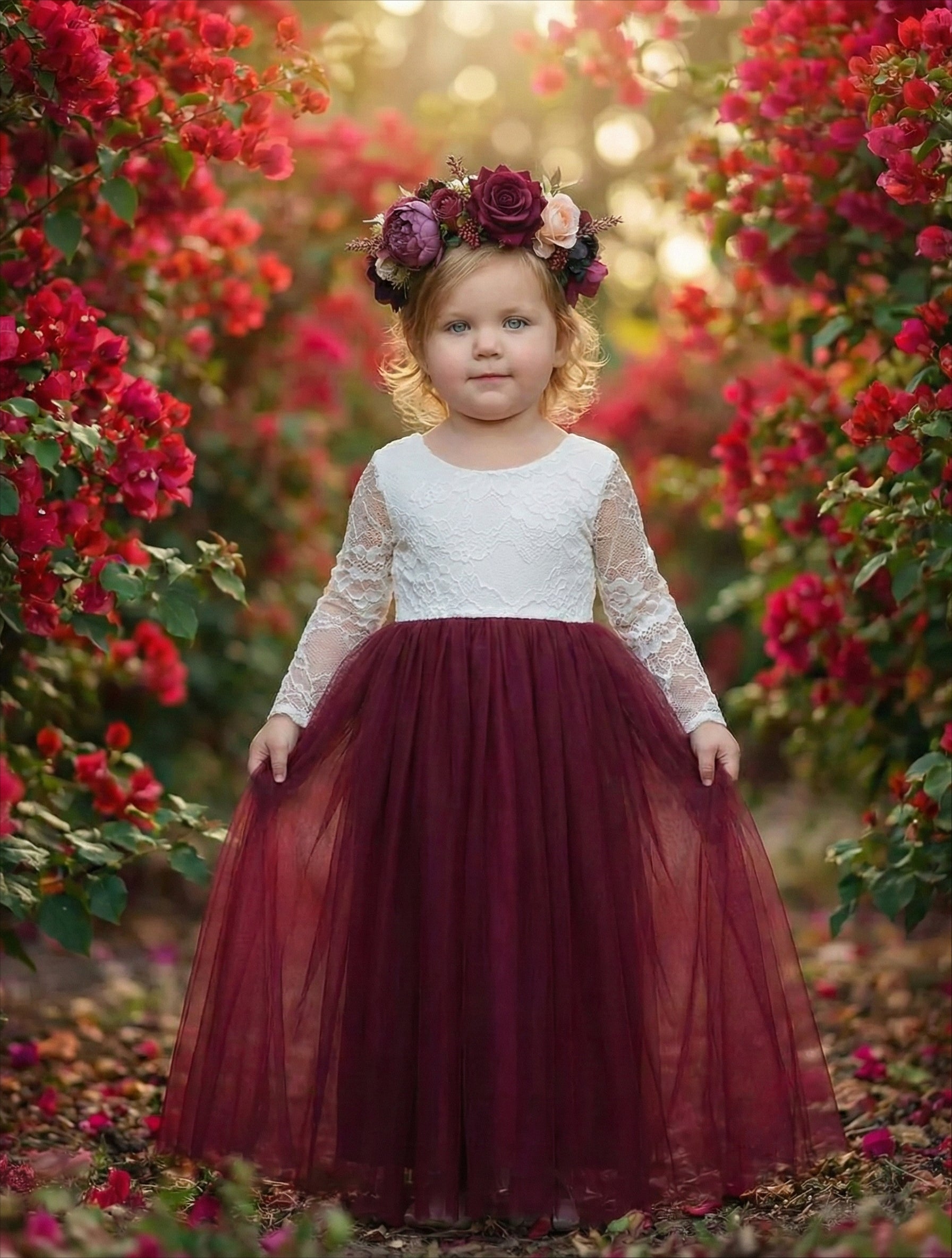 2Bunnies Girls' 12M-12yr Rose Lace Tulle Long Sleeve Maxi Flower Girl 2BUNNIES 2Bunnies Girls' 12M-12yr Rose Lace Tulle Long Sleeve Maxi Flower Girl 2BUNNIES