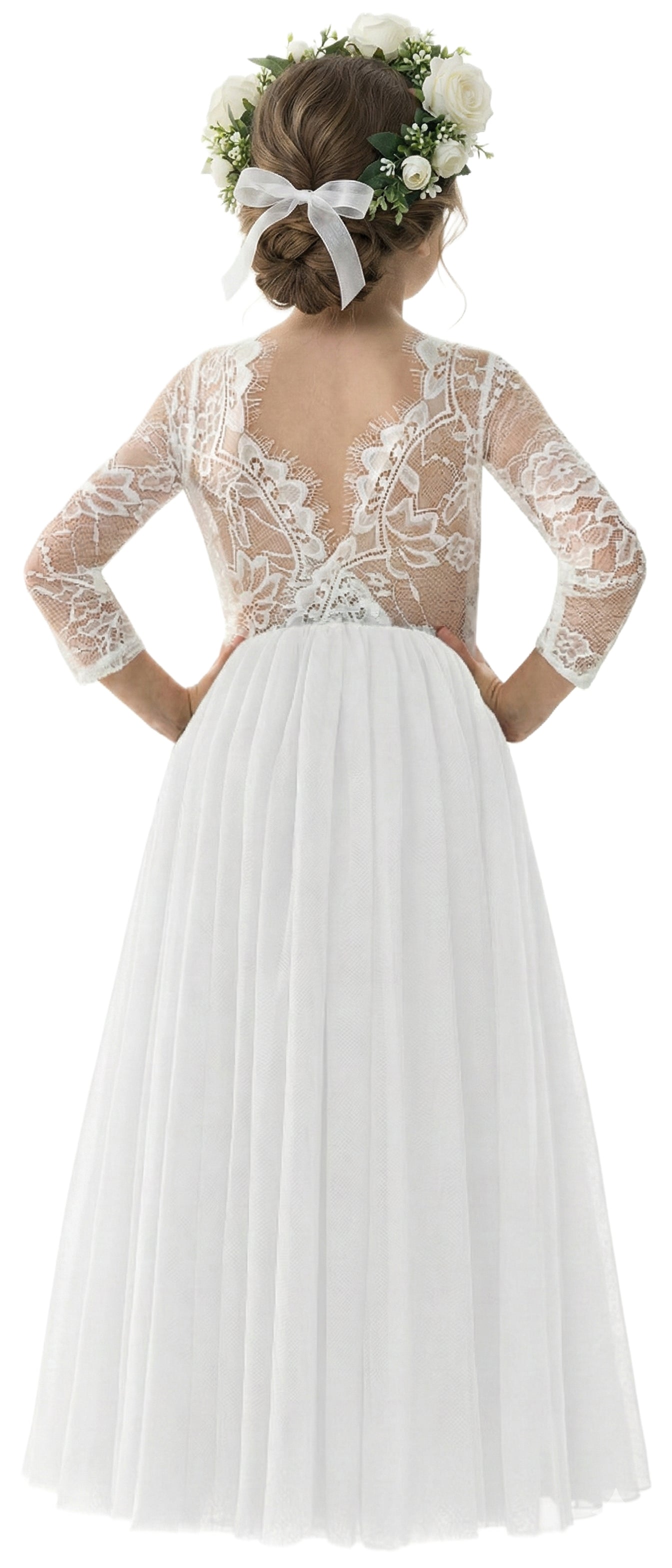 2Bunnies Rose Lace Tulle Long Sleeve Maxi Flower Girl Dress