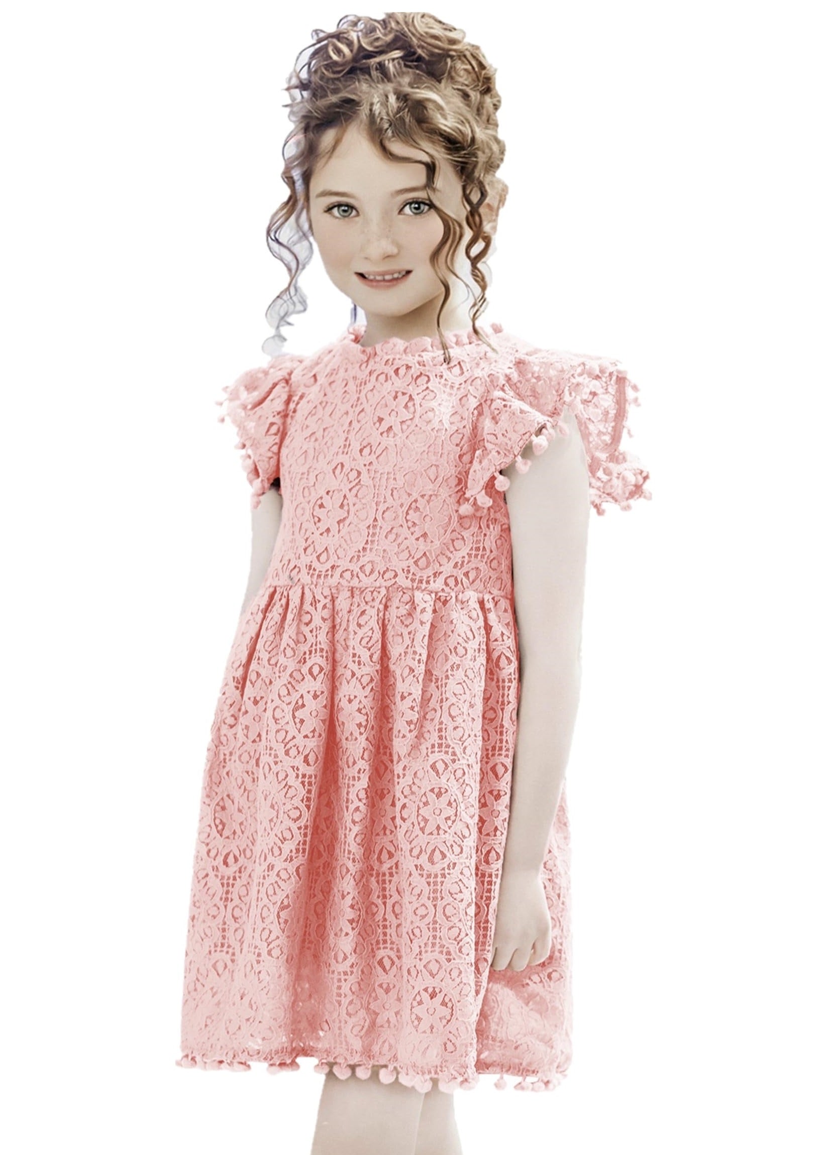Sunflower Lace Pom Pom Trim Girl Dress in Rose Pink