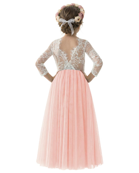 2Bunnies Girls' 12M-12yr Rose Lace Tulle Long Sleeve Maxi Flower Girl Dress 12 months / Pink