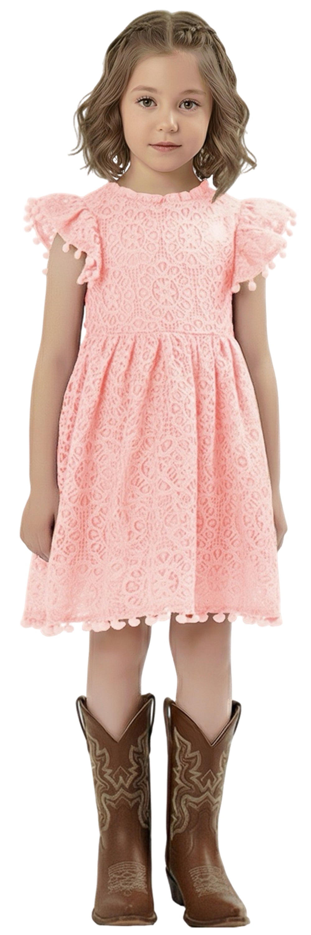 Sunflower Lace Pom Pom Trim Girl Dress in Rose Pink