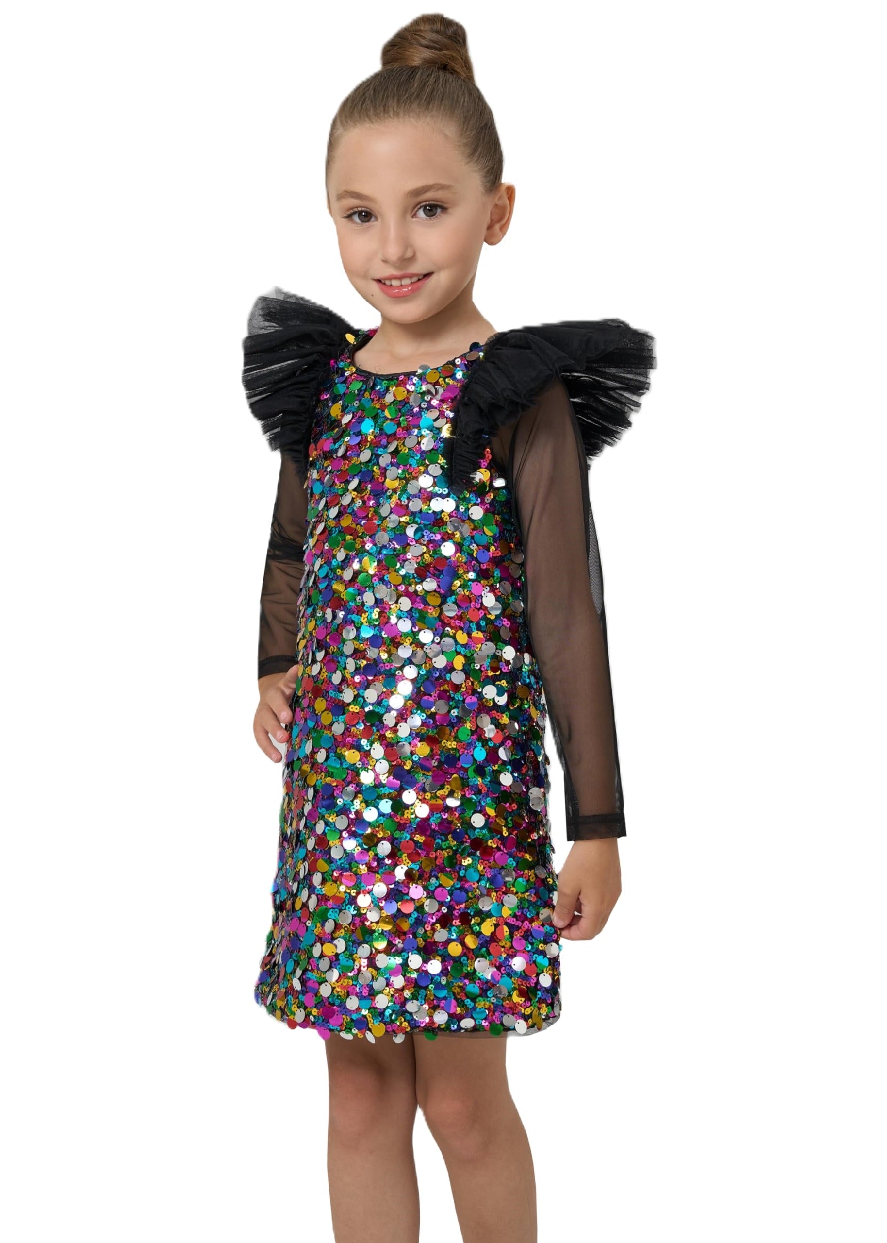 2Bunnies Girls Ombre Sequin Ruffled Long Sleeve Dress