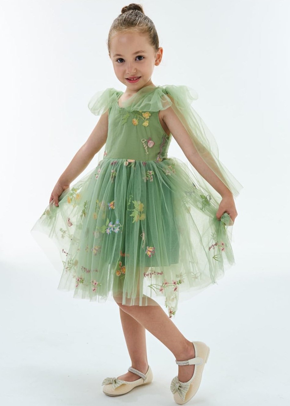 Floral Embroidered Tulle Strap Girl Dress in Sage Knee