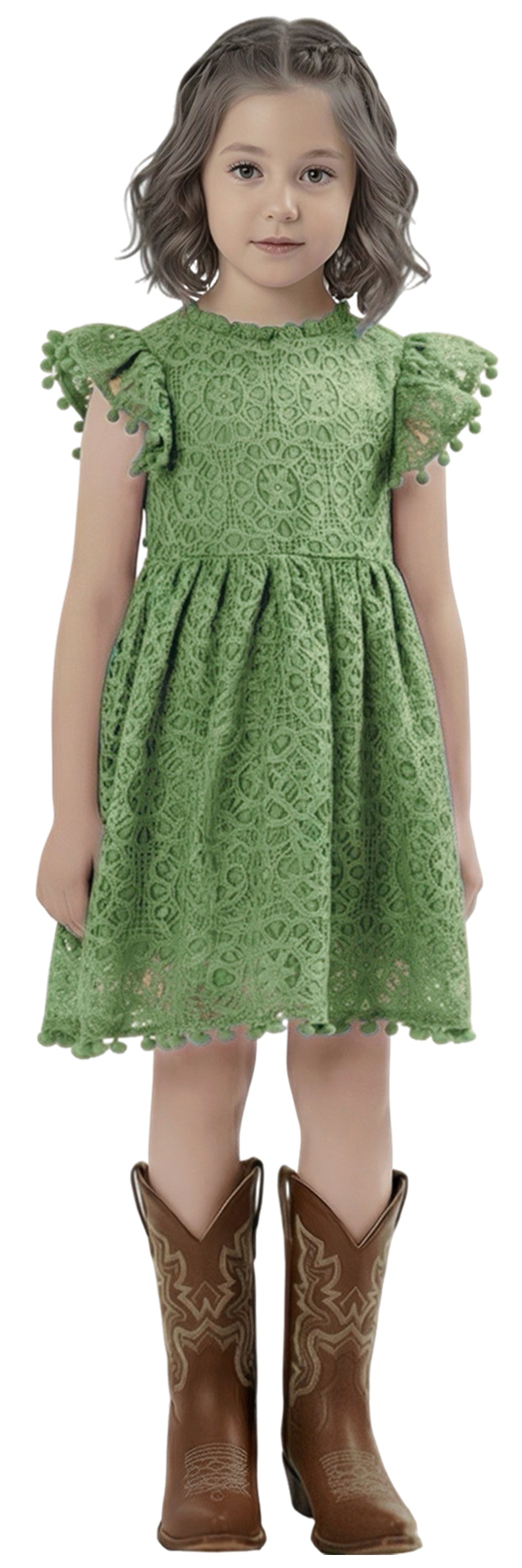 Sunflower Lace Pom Pom Trim Girl Dress in Sage