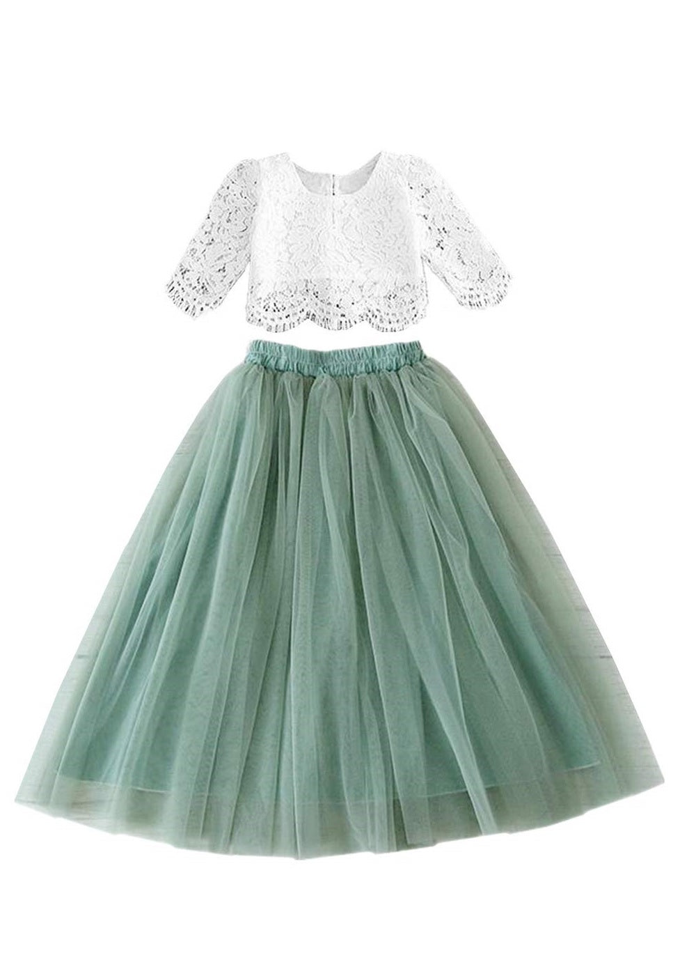 Scalloped Lace 2 Piece Girl Dress Set in Sage 6 Scalloped Lace 2 Piece Girl Dress Set in Sage 6