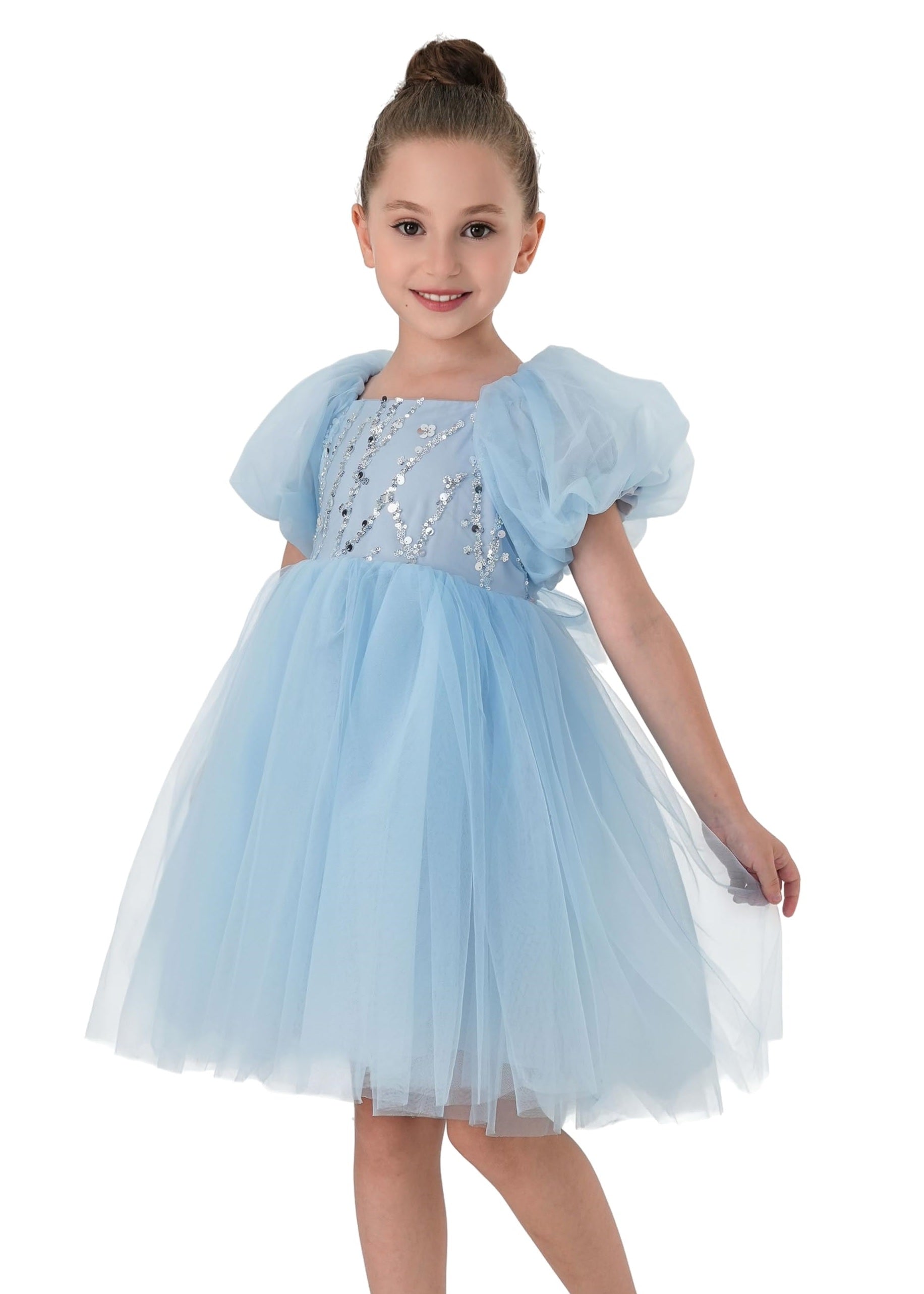 2Bunnies Girls Babydoll Sequin Bodice Tulle Bow Princess Dress