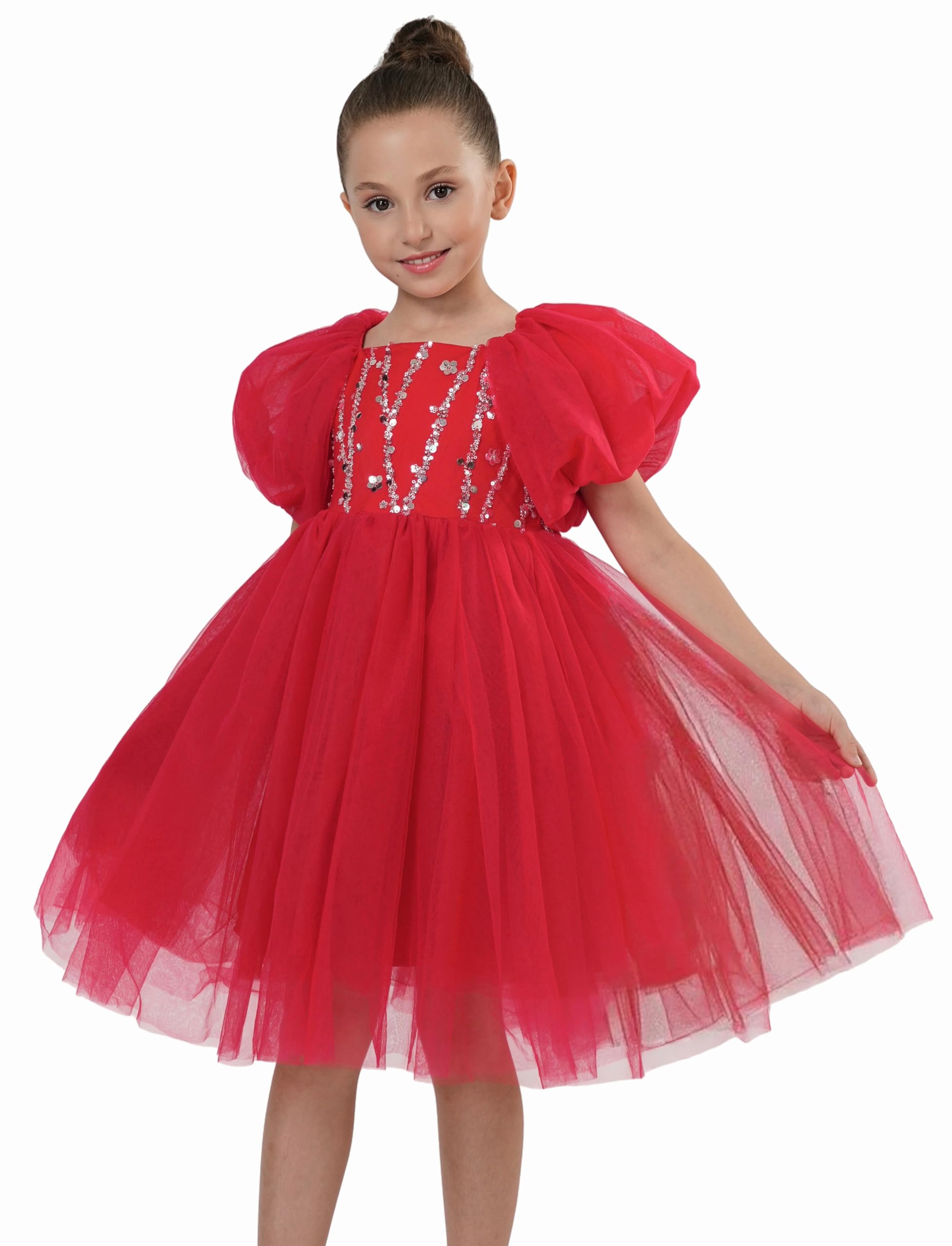 2Bunnies Girls Beaded Sequin Embellished Tulle Puff Sleeve Christmas Party Dress