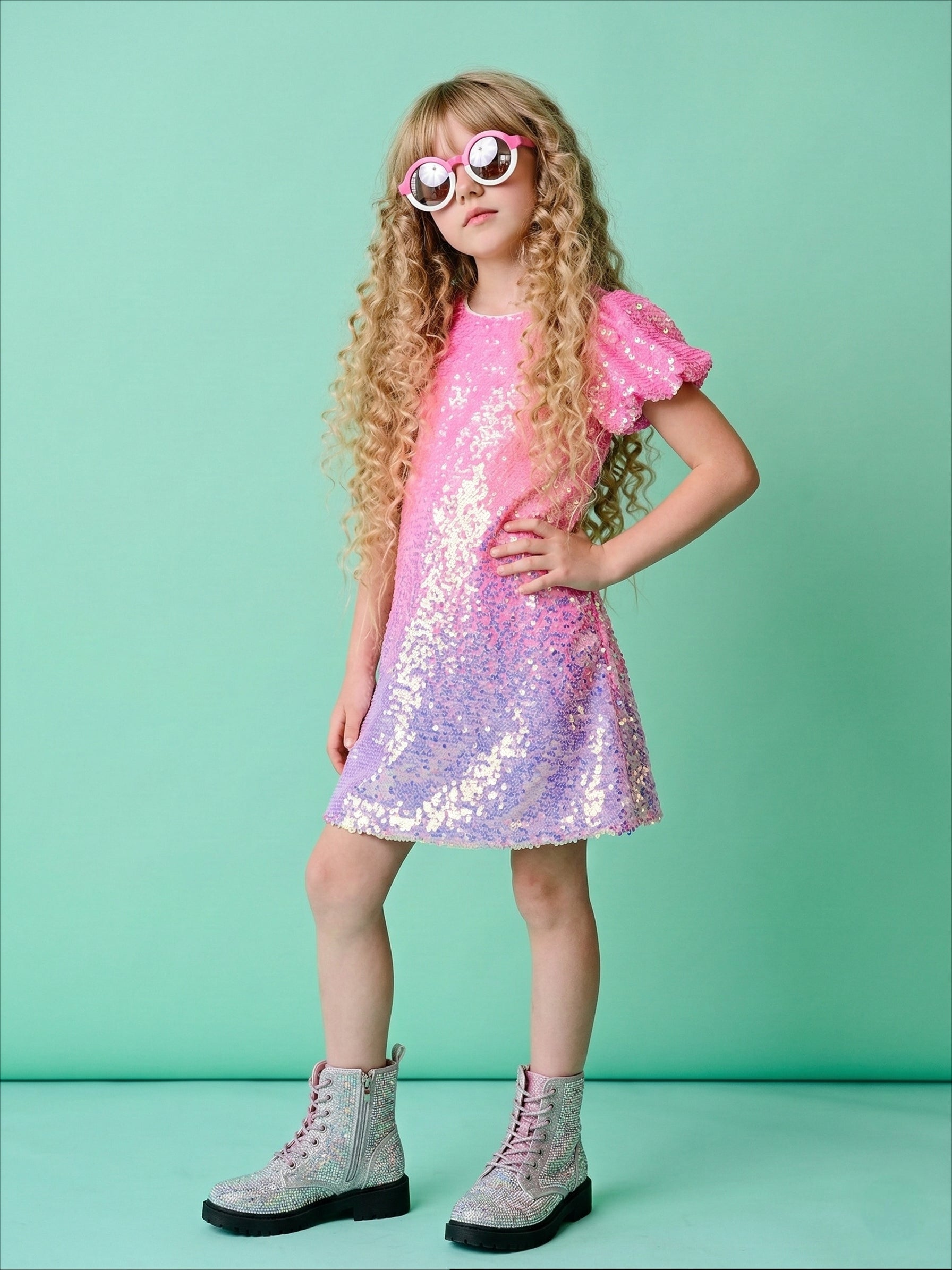 2Bunnies Girls' 4T-12yr Candy Shimmer Sequin Puff Sleeve Dress 2BUNNIES 2Bunnies Girls' 4T-12yr Candy Shimmer Sequin Puff Sleeve Dress 2BUNNIES