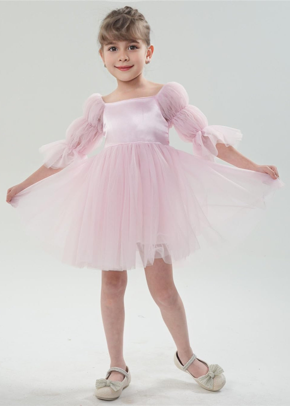Sheer Sleeve Tulle Girl Dress in Pink