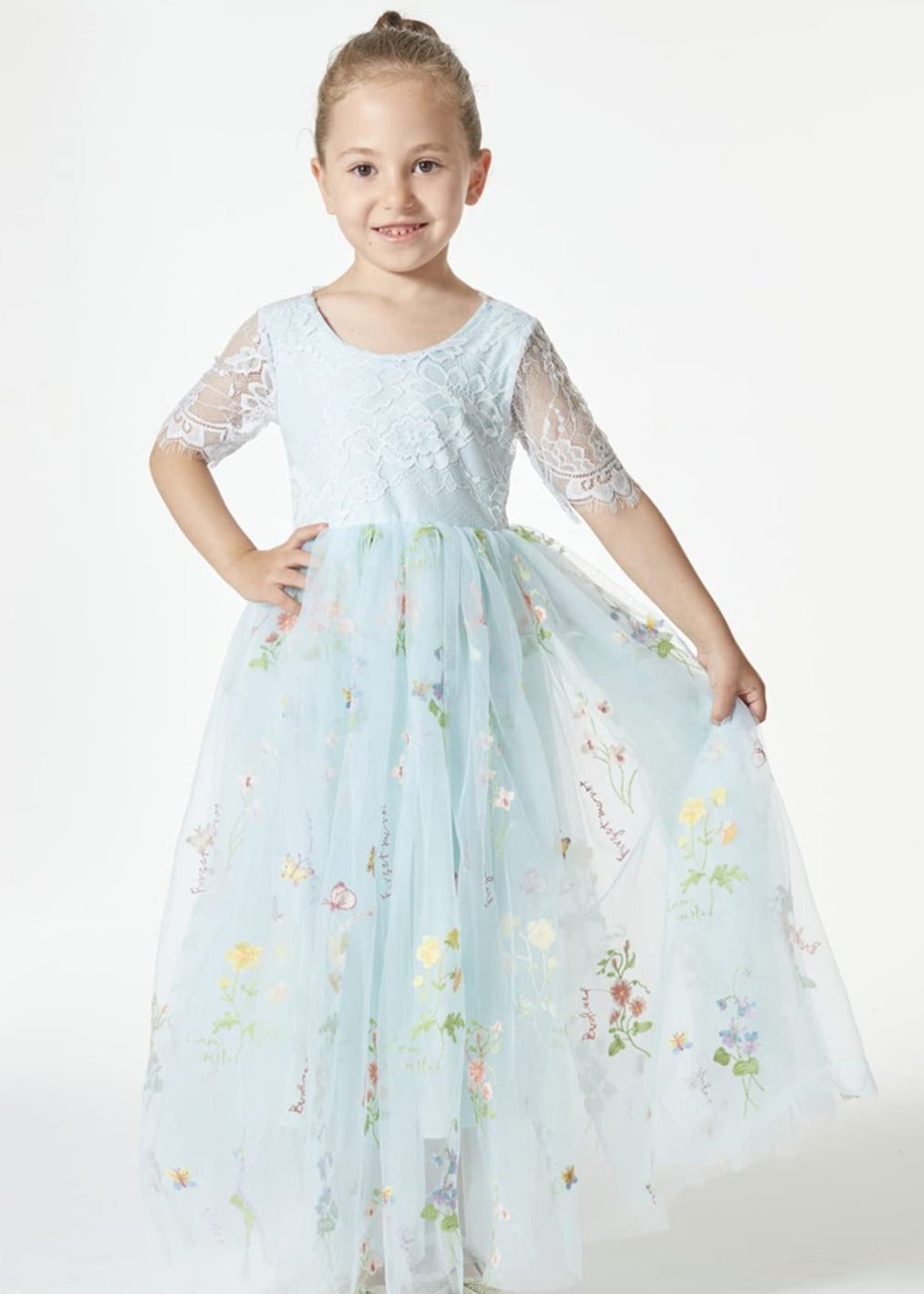 Floral Embroidered Tulle Lace Girl Dress in Blue