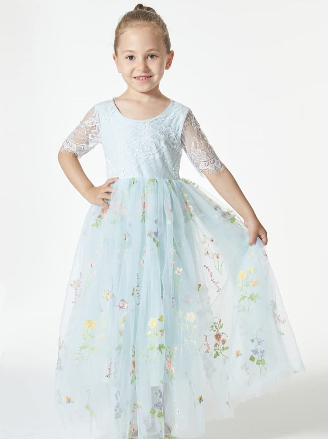Floral Embroidered Tulle Garden Lace Girl Dress in Blue