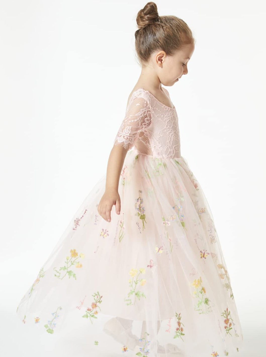 Floral Embroidered Tulle Lace Girl Dress in Pink