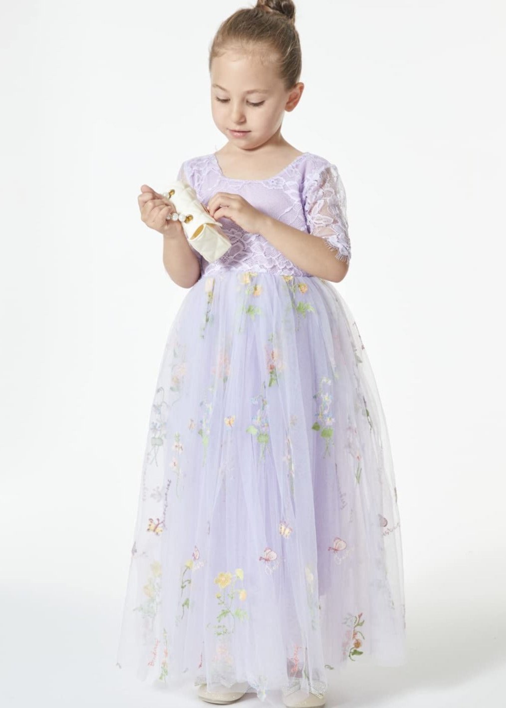 Floral Embroidered Tulle Lace Girl Dress in Purple